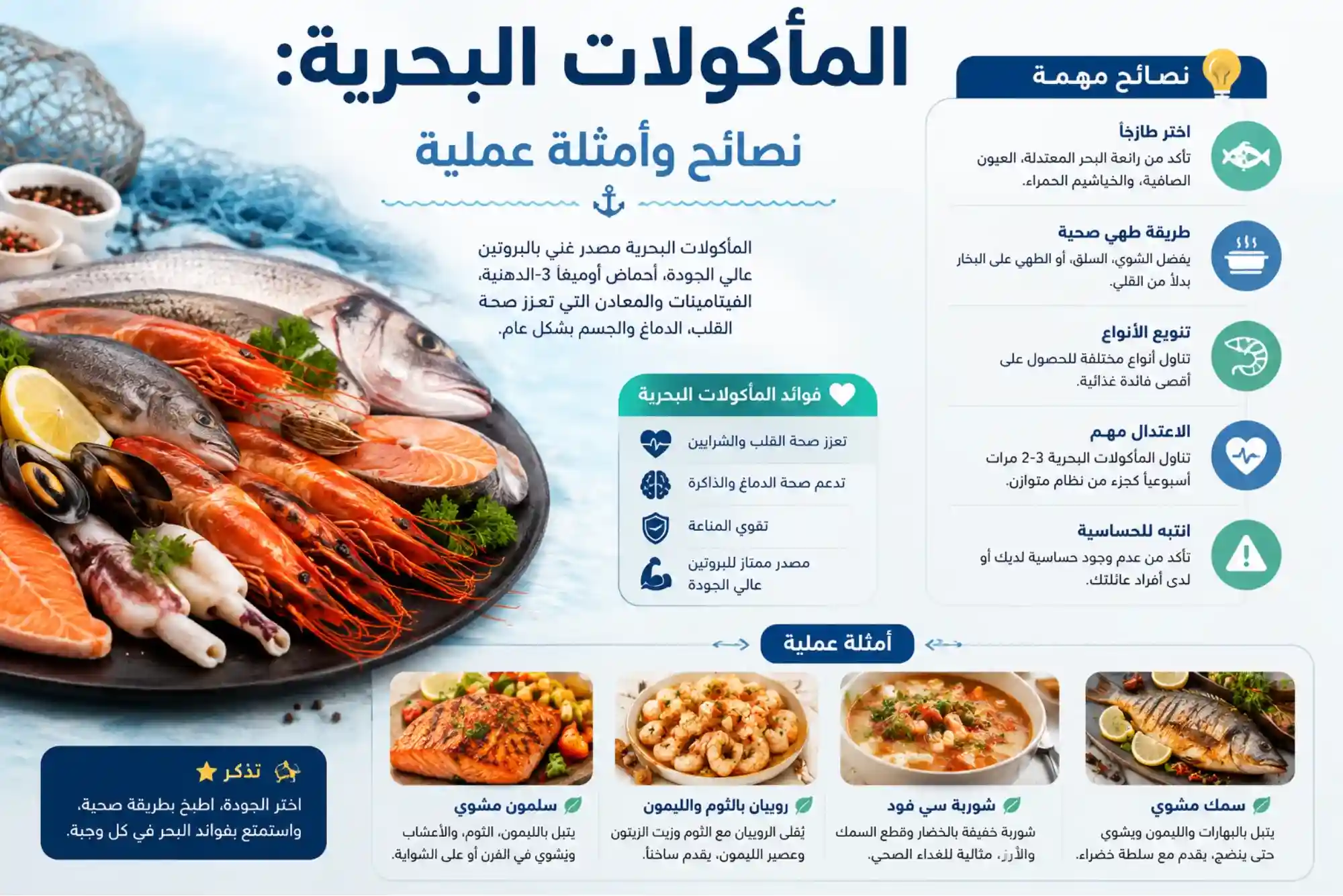 المأكولات البحرية نصائح وأمثلة عملية